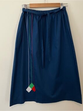 VTG 70s Navy A-line Midi Skirt Sz. L Applique Embroidered Tie Preppy Geometric